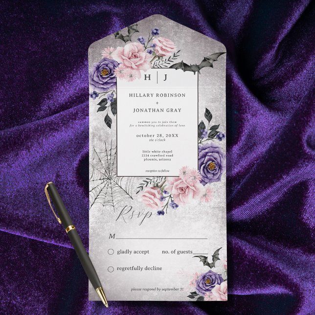 Invitation Tout En Un Rustique gothique rose & violet Halloween Pas de d (Also available with a QR code or with dinner selection options.)