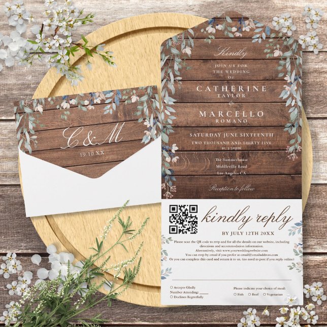 Invitation Tout En Un Rustique Grange Bois Floral Verdure QR Code Mariag (Rustic Barn Wood Floral Greenery QR Code Wedding All In One Invitation)