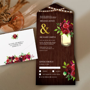 Invitation Tout En Un Rustique Grange bois Mason Jar Burgundy Floral Mar