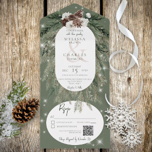 Invitation Tout En Un Rustique Green Pine Winter Sparkle QR Code