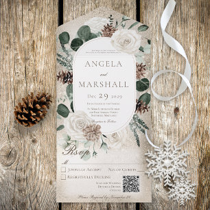 Invitation Tout En Un Rustique hiver blanc floral or code QR