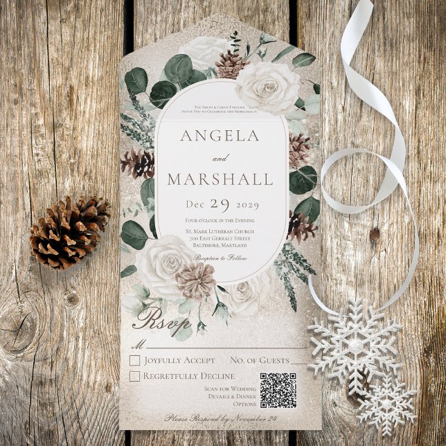 Invitation Tout En Un Rustique hiver blanc floral or code QR (Créateur téléchargé)