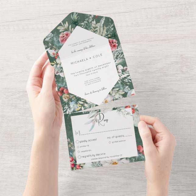 Invitation Tout En Un Rustique hiver Floral Pine Emerald Dîner (Déchirure)