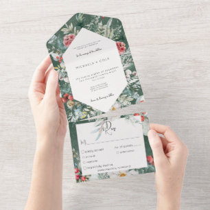 Invitation Tout En Un Rustique hiver Floral Pine Emerald Dîner