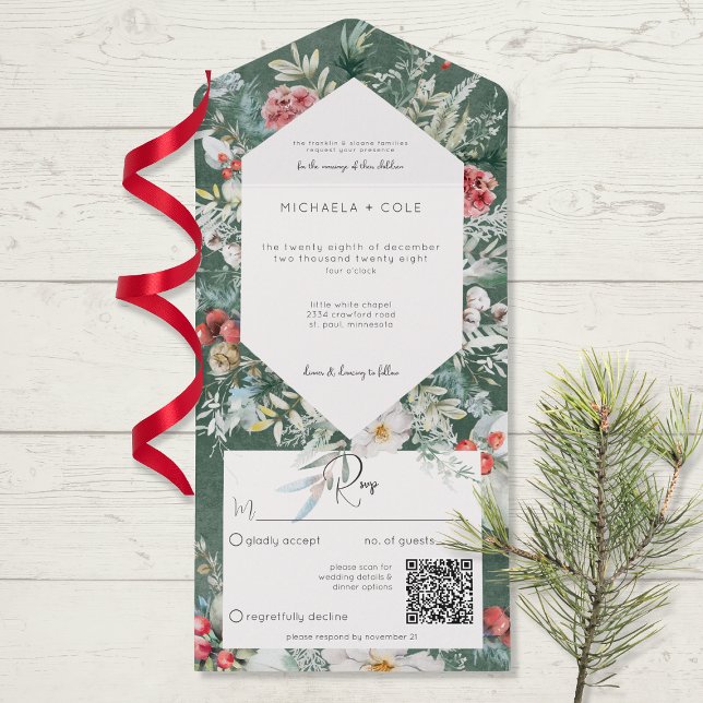 Invitation Tout En Un Rustique hiver Floral Pine Emerald QR Code (Créateur téléchargé)