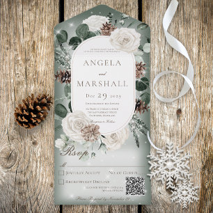 Invitation Tout En Un Rustique hiver Floral Vert Étincelle Code QR