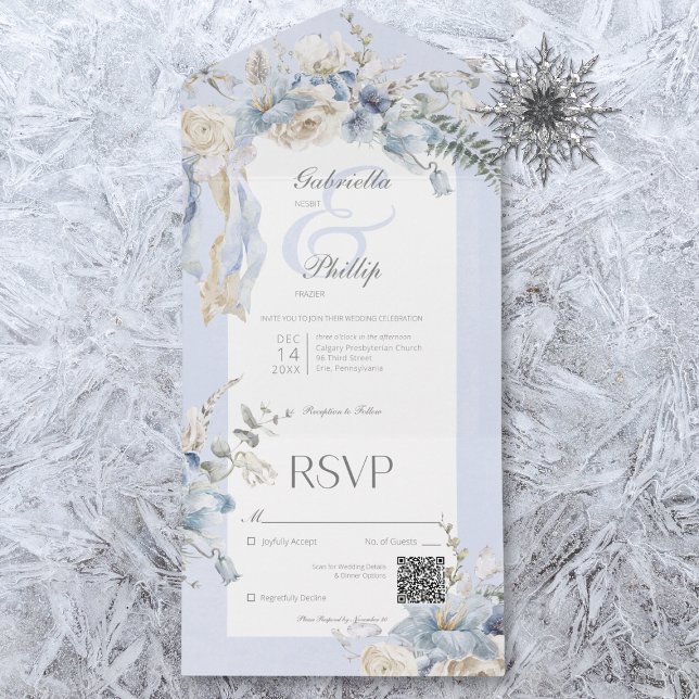 Invitation Tout En Un Rustique hiver Frosty Bleu & Blanc Floral QR Code (Available without a QR code; with or without dinner selection options.)