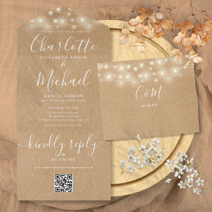 Invitation Tout En Un Rustique Kraft String lights QR Code Mariage
