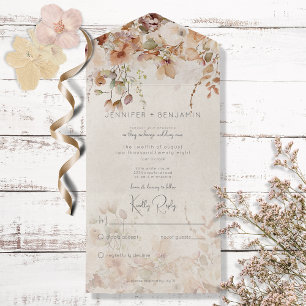 Invitation Tout En Un Rustique Neutre Tan Rose & Pêche Floral Pas de dîn