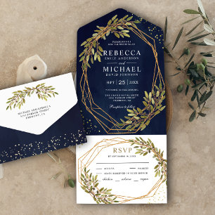 Invitation Tout En Un Rustique Olive Branch Gold Frame Marine Blue Maria