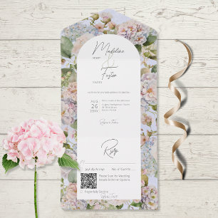 Invitation Tout En Un Rustique Pastel Hydrangeas Periwinkle Arch Code QR