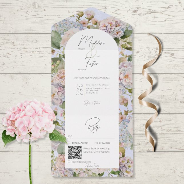 Invitation Tout En Un Rustique Pastel Hydrangeas Periwinkle Arch Code QR (Créateur téléchargé)