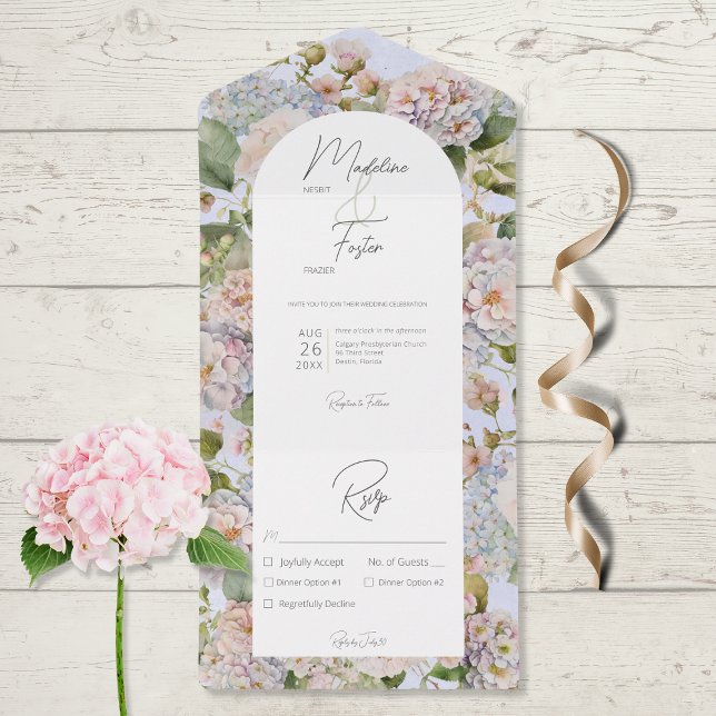 Invitation Tout En Un Rustique Pastel Hydrangeas Périwinkle Arch Dîner (Créateur téléchargé)