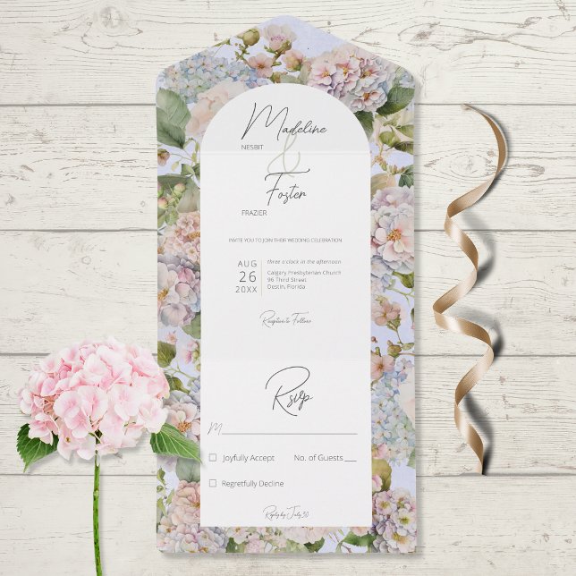 Invitation Tout En Un Rustique Pastel Hydrangeas Periwinkle Arch Pas de  (Créateur téléchargé)