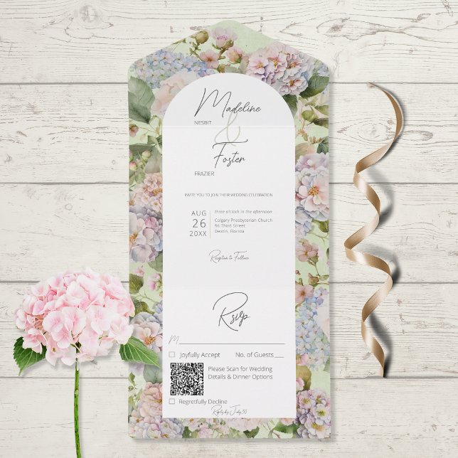 Invitation Tout En Un Rustique Pastel Hydrangeas Sage Green Arch Code QR (Créateur téléchargé)