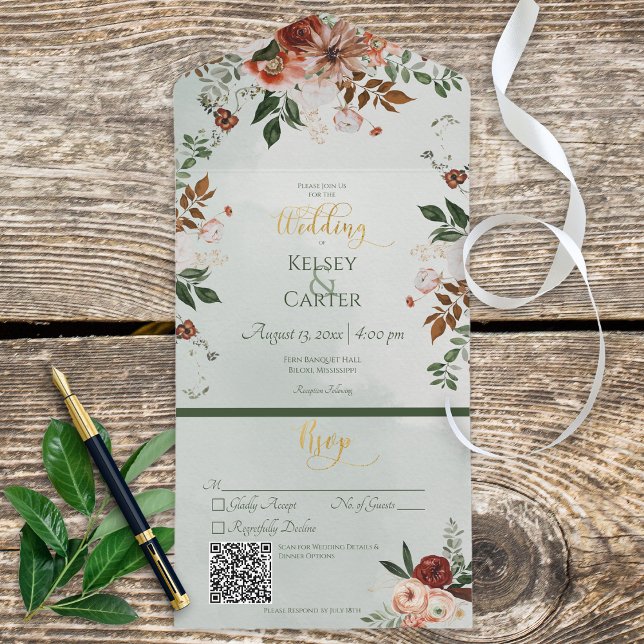 Invitation Tout En Un Rustique Peach Rust & Sage Green Floral QR Code (Créateur téléchargé)