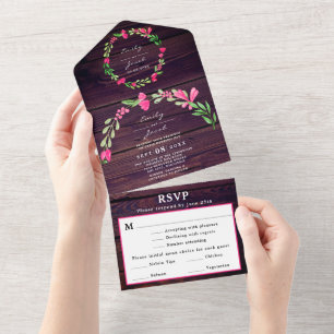Invitation Tout En Un Rustique poussiéreux violet bois grange rose flora