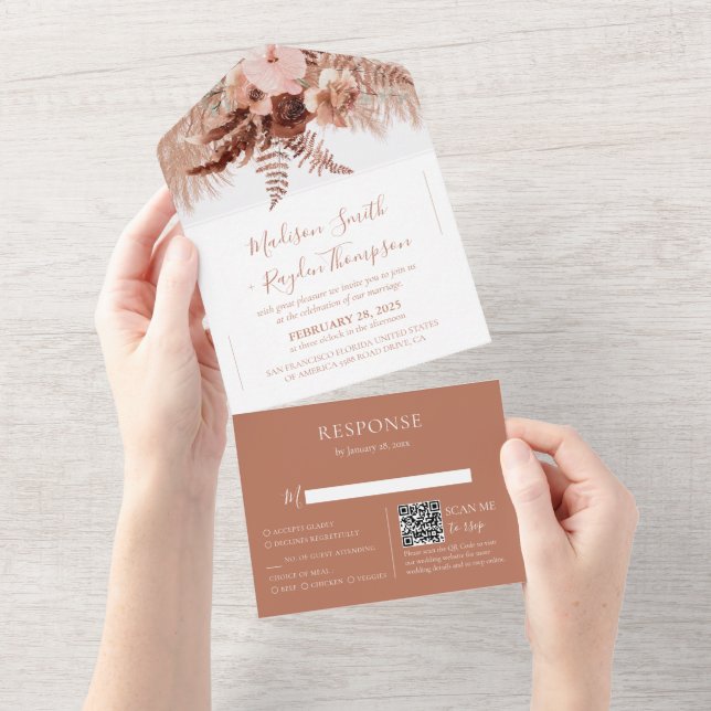 Invitation Tout En Un Rustique QR Code Terracotta Pampas Mariage en herb (Déchirure)