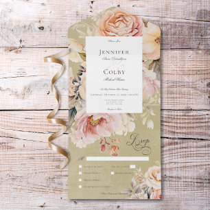 Invitation Tout En Un Rustique Romantique Rose & Blush Rose Dîner Vert