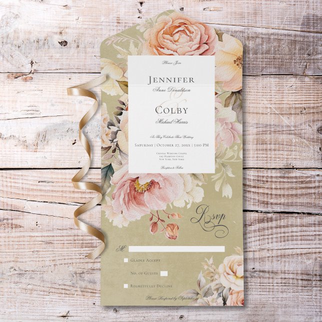 Invitation Tout En Un Rustique romantique rose & Blush Rose Vert Pas de  (Rustic Romantic Pink & Blush Roses Green No Dinner All In One Invitation)