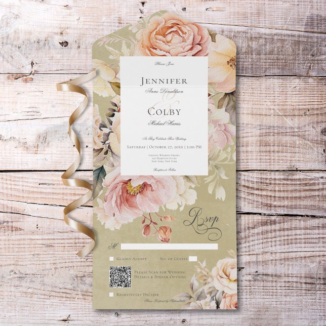 Invitation Tout En Un Rustique romantique rose et bleu Rose vert QR Code (Rustic Romantic Pink & Blush Roses Green QR Code All In One Invitation)