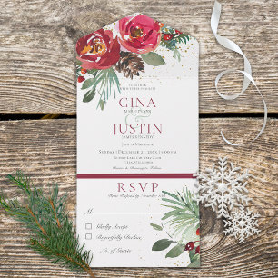 Invitation Tout En Un Rustique Rouge & Vert Pine d'hiver Dîner Floral