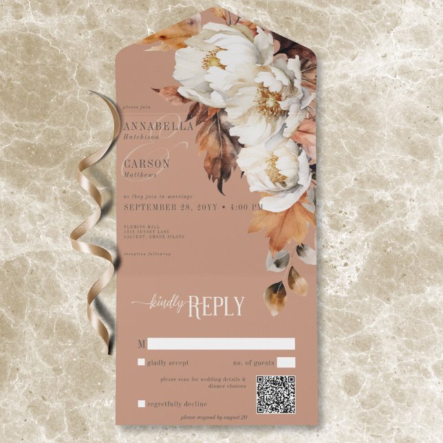 Invitation Tout En Un Rustique rouille & Crème Automne Floral & Feuille  (Rustic Rust & Cream Fall Floral & Leaves QR Code All In One Invitation)