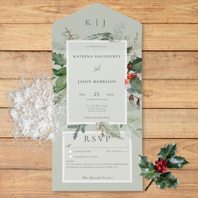 Invitation Tout En Un Rustique Sage Winter Holly & Pine Détails (Rustic Sage Winter Holly & Pine Details All In One Invitation)