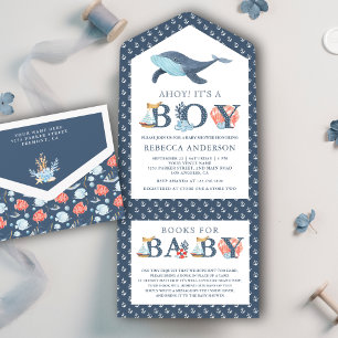 Invitation Tout En Un Rustique sous le Baby shower nautique baleine de m
