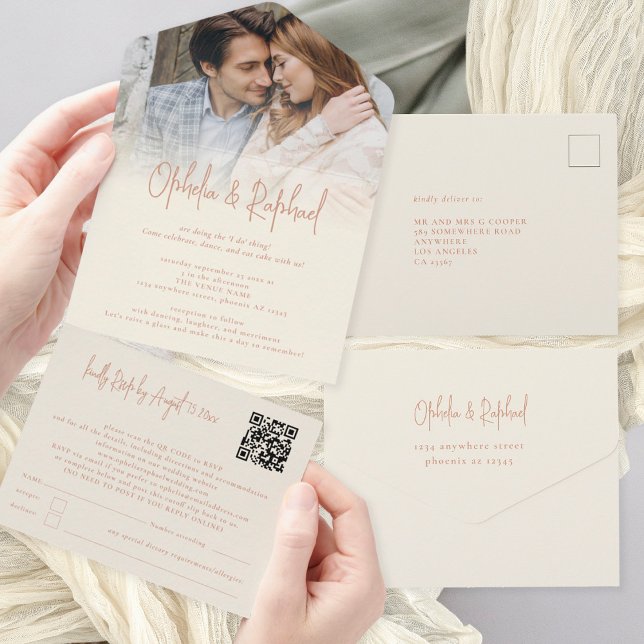 Invitation Tout En Un Rustique superposition photo QR Code Cream Mariage (Convenient All-in-one invitation and RSVP. Option to add individual recipients name and address)