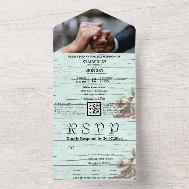 Invitation Tout En Un Rustique Turquoise Western Photo Code QR Tout en u (À l'intérieur)