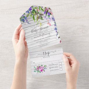 Invitation Tout En Un Rustique Violet Floral Aquarelle Baby Shower Tout