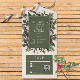 Invitation Tout En Un Rustique Winter Berries & Pine Cream QR Code