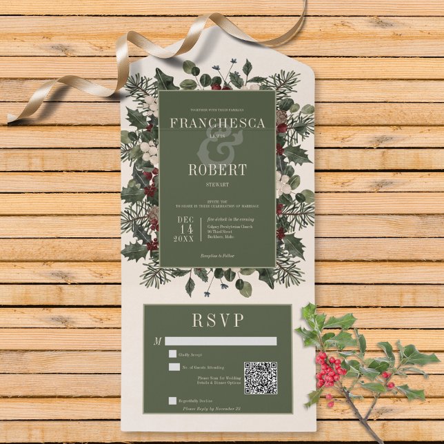 Invitation Tout En Un Rustique Winter Berries & Pine Cream QR Code (Also available without a QR code; with or without dinner selection options.)