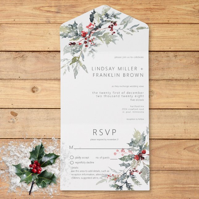 Invitation Tout En Un Rustique Winter Holly Berries & neige Détails (Rustic Winter Holly Berries & Snow Details All In One Invitation)