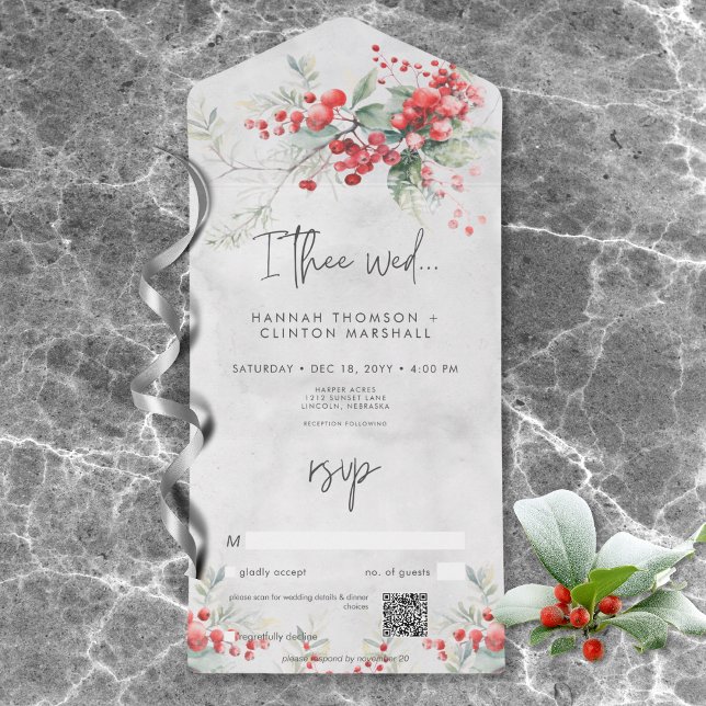 Invitation Tout En Un Rustique Winter Holly & Pine Mariage QR Code (Rustic Winter Berries & Pine Wedding QR Code All In One Invitation)