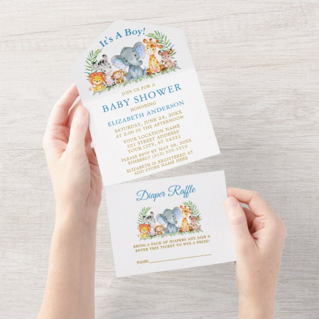 Invitation Tout En Un Safari Animaux Baby shower bleu et Raffle Gold (Déchirure)