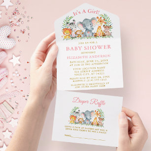 Invitation Tout En Un Safari Animaux Baby shower rose et Raffle Gold