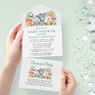 Invitation Tout En Un Safari Animaux Baby shower vert et livres