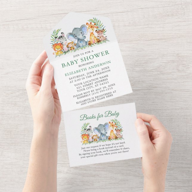 Invitation Tout En Un Safari Animaux Baby shower vert et livres (Déchirure)