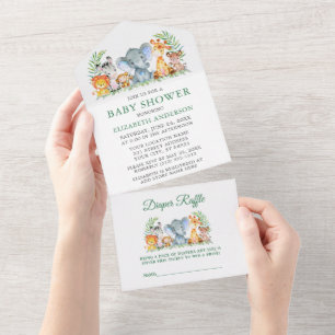 Invitation Tout En Un Safari Animaux Baby shower vert et raffle