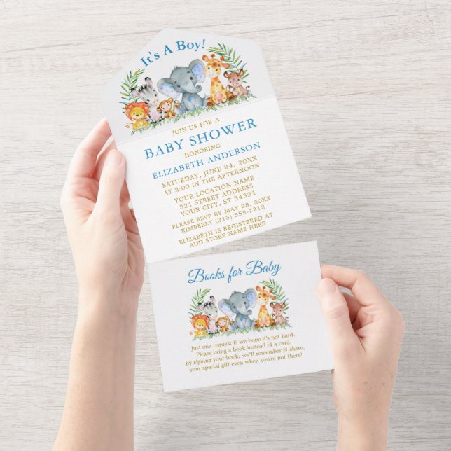 Invitation Tout En Un Safari Animaux Blue Gold Baby shower et livres (Déchirure)