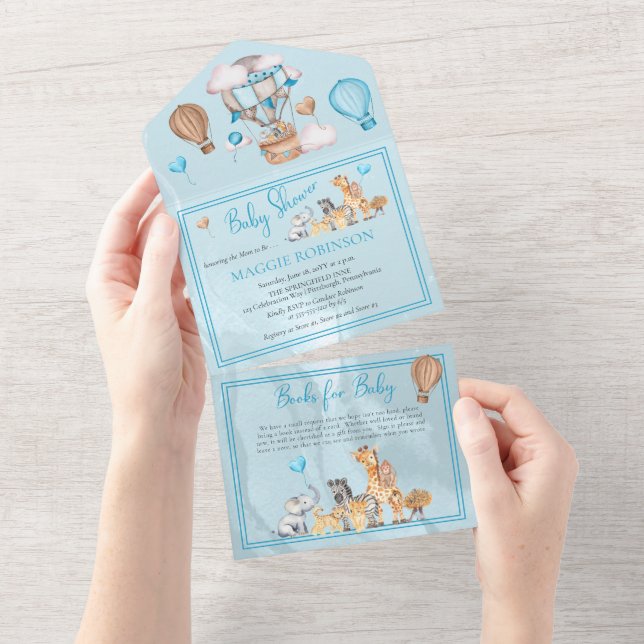Invitation Tout En Un Safari Animaux et ballons Blue Boy Baby shower I (Déchirure)