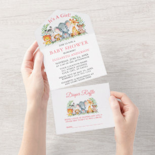 Invitation Tout En Un Safari Animaux Fille Baby shower rose et raffle