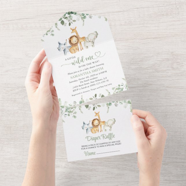 Invitation Tout En Un Safari Animaux, Jungle, Animaux sauvages, Baby sho (Déchirure)