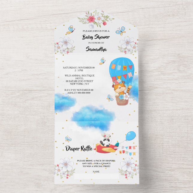 Invitation Tout En Un Safari animaux pilotes montgolfière fête de la jun (À l'intérieur)