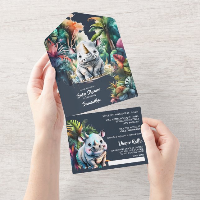 Invitation Tout En Un Safari aventure rhinocéros dessin animé jungle feu (Déchirure)