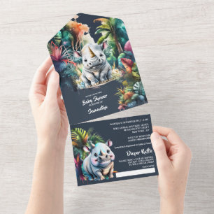 Invitation Tout En Un Safari aventure rhinocéros dessin animé jungle feu