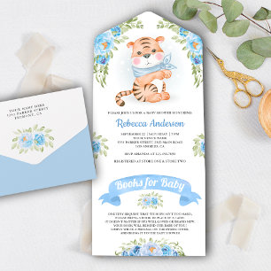 Invitation Tout En Un Safari Jungle Floral Bleu Fête de Bébé Tigre Migno