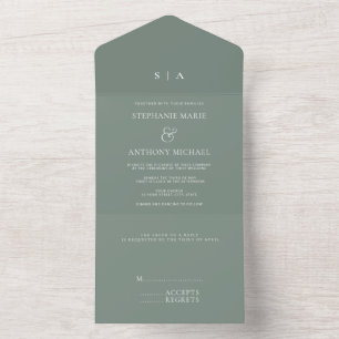 Invitation Tout En Un Sage de monogramme minimal moderne et Mariage blan